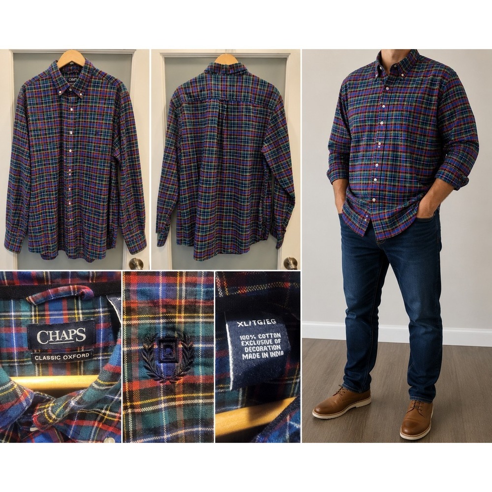 Chaps Classic Oxford Men's XL Tall Plaid Button Down Shirt Red Blue Green Cotton